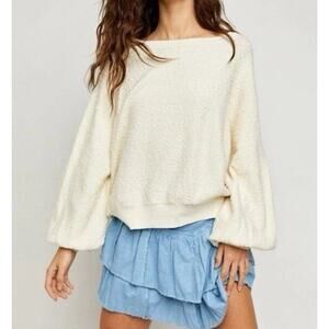 Free People Ivory Boucle Knit Sweater XS Balloon Sleeve Round Neck Pullover